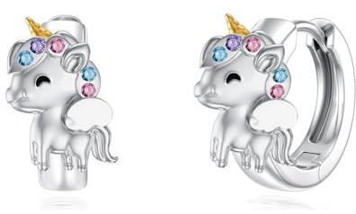 Flpruy Einhorn-Ohrringe für Mädchen 925er Sterlingsilber Regenbogen-Kristall-Creolen Einhorn-Schmuck Kindertagsgeschenk für Mädchen Frauen Tochter