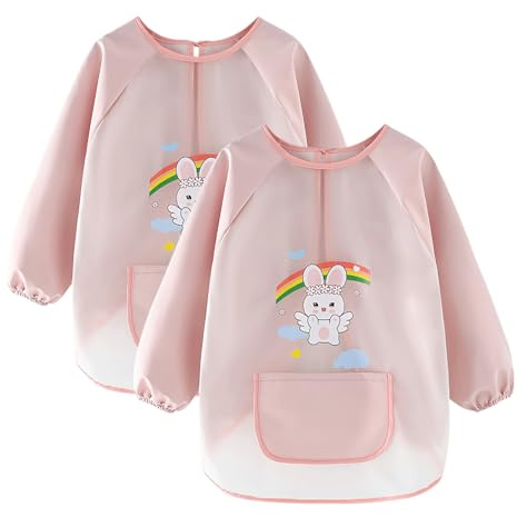 2 Stück Malkittel Kinder 8-12 jahre, Malschürze Wasserdicht mit Langen Ärmeln, Bastelschürze mit Taschen, Maleranzug Bastelkittel Mädchen, Sicheres TPU-Material für Schule Kunst Malerei Kochen, Rosa
