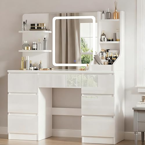 TRIUMPHKEY Schminktisch mit LED-Beleuchtung,Hochglanz Weiß,7 Schubladen,4 Regale,Kosmetiktisch mit Spiegel,für das Schlafzimmer,108x40 cm,Weiß