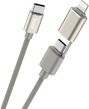 BUDI PD 65W / 27W 2-in-1 Charge and Sync Cable, Fast Charging USB-C to USB-C and USB-C to Lightning, 1 Metre - DC260TTL10G