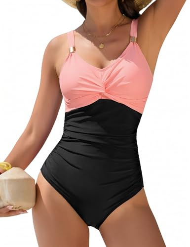 Vijamiy Costume Intero Contenitivo da Bagno Donna Curvy Costumi Piscina Interi Push Up Scollo A V Mare Beachwear Swimsuit for Women con Metallo Decorativo(Rosa e Nero,XL)