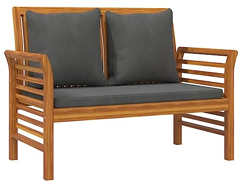 PTUGUOF Acacia Wood Sofa Bench with Dark Gray Cushions for Garden, Patio, Outdoor Seating with Curved Backrest and Armrests
