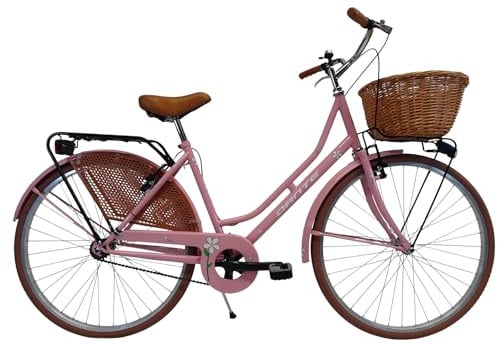 CICLI DANTE - Bicicletta donna da città per passeggio Olanda 26, classica stile retrò ad una velocità, con particolati miele e cestino anteriore in vimini (Rosa pastello,Margherite)