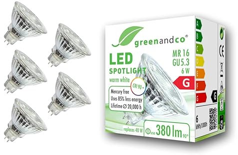 greenandco 5x CRI 90+ MR16 GU5.3 LED Spot | 6W 380 lm | 3000K warmweiß | 36° | 12V AC/DC | nicht dimmbar