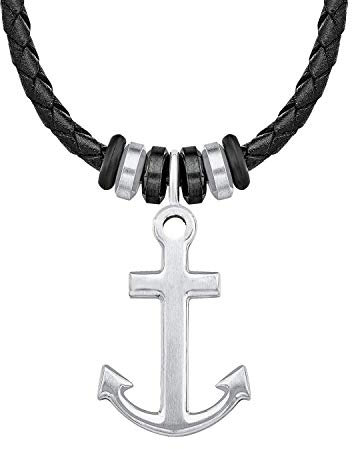 s.Oliver Kette mit Ankeranhänger für Herren, Anhänger: Edelstahl, Kette: Echtes Leder, Silber/Schwarz, IP Schwarz