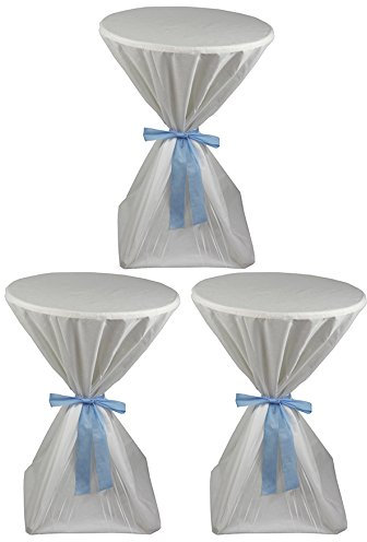 Sensalux 3X Stehtischhusse, Oeko-TEX®100, abwaschbar, weiß, 60 cm, Schleifenband hellblau, Husse für Stehtische, Bistrotisch, Tischüberzug, stoffähnliches Vlies, Catering