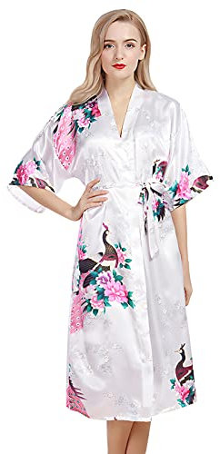 OLESILK Damen Lang Morgenmantel Satin Kimono Kurzarm Robe Bademantel mit Gürtel V-Ausschnitt Nachtwäsche Negligee mit Pfau und Blumen Muster, Weiß