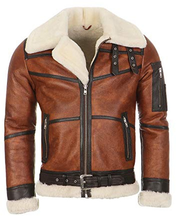 Hollert Herren Bomberjacke B16 Modell 6 Kastanie/Creme Sylvester Style Winterjacke 100% Merino Felljacke Lederjacke