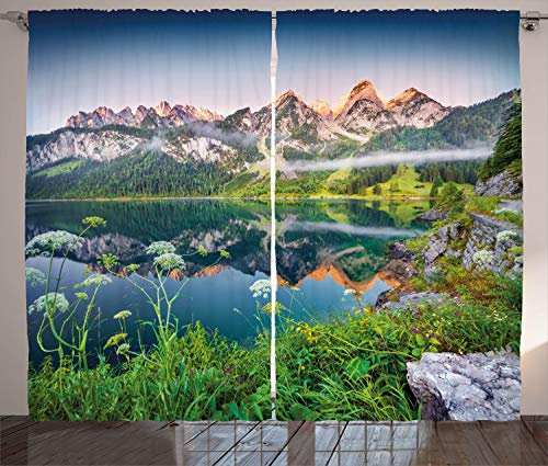 ABAKUHAUS Natur Rustikaler Vorhang, Österreichische Alpen Berg, Wohnzimmer Universalband Gardinen mit Schlaufen und Haken, 280 x 175 cm, Grün Blau