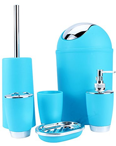 GOTOTOP Badezimmer Set, 6 teilig Bad Accessoires set aus ABS, Stilvolles Badezimmer Zubehör mit Seifenspender, Zahnbürstenhalter, Becher, Seifenschale, WC Bürstengarnitur, Kosmetikeimer (Blau)