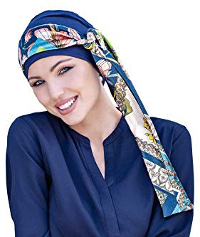 MASUMI - Damen Mütze für Chemotherapie, Krebspatienten und Frauen mit Haarausfall - Turban-Stil - aus Bambus (Dunkelblau/Samt/Fiori Rossi) - Yanna