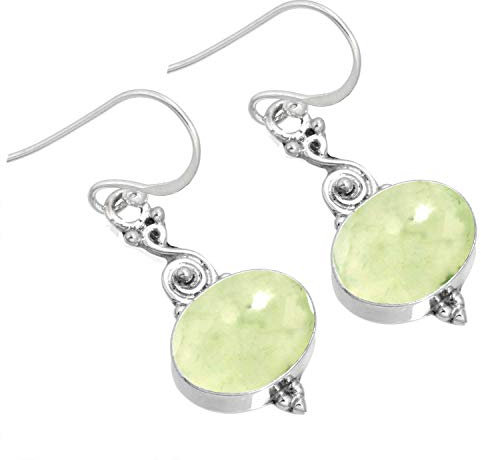 Jeweloporium Grüner Prehnit Tropfen Silber Ohrring, 925 Sterling Silber Ohrring für Frauen, Echter ovaler Edelstein Handgefertigter Schmuck