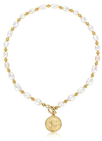 KVLmoze Coin Pearl Choker Halskette 8 mm handverlesene Zuchtperle 18 Karat vergoldet Kugelkette Coin Charm Anhänger Zierlicher Vintage-Schmuck Geschenke für Frauen Mädchen