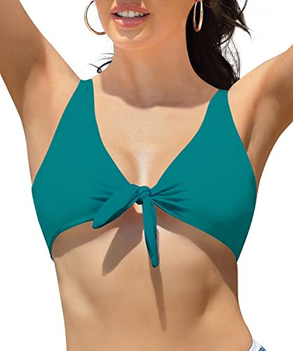 SHEKINI Women's Tie Knot Front Bikini Top V Neckline Swim Top Bathing Suit, Top Only -Deep Green, Large