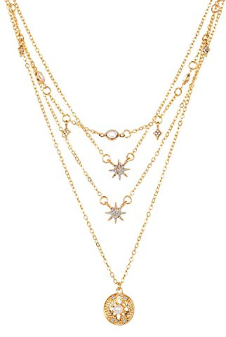 Vintage Böhmische Damen Mehrreihige Kette Gold mit Stern Anhänger für Frauen Mädchen,4 Reihig Retro Strass Mode Schmuck Boho Halskette Necklace Choker Geburtstag Geschenke für Freundin Mutter Frau