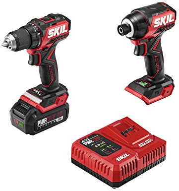 SKIL PWR CORE 20 Brushless 20V Compact Drill Driver and Impact Driver Kit Includes 2.0Ah Battery and PWR Jump Charger - CB8437B-10