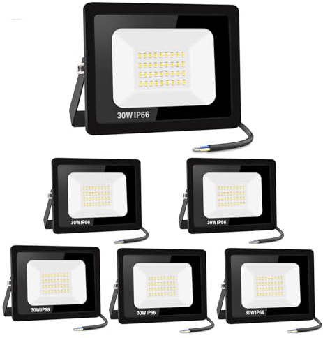 Jefedana 30W LED Außenstrahler, 3000LM 6000K IP66, 6 Stück | 3000LM hell, 6000K Kaltweiß, IP66 wasserdicht, Alu-Gehäuse, 50000h, 80% sparend, für Garten/Garage/Hotel/Sportplatz