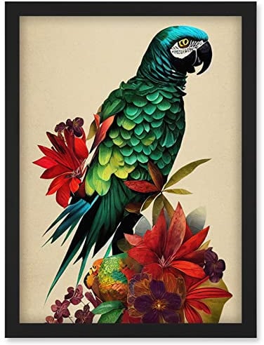 Doppelganger33 LTD Exotic Flowers And Feathers Macaw Parrot And Jungle Blooms Artwork Framed Wall Art Print A4
