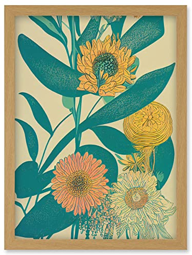 Wee Blue Coo Marigold Daisy Flowers Turquoise Leaves Bright Colourful Abstract Artwork Framed Wall Art Print A4