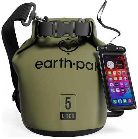 Earth Pak Sac étanche avec Poche - pour Kayak, Bateau Excursion, Canoë, Pêche, Rafting, Natation, et Snowboard (Vert, 5L)