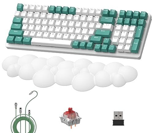 LexonElec K6 kabellose mechanische Tastatur mit weiße Cloud Handgelenkauflage, 100 Tasten, 96% Layout, 4000mAh, Wired/2,4 GHz/BT 5.0, RGB Backlit, Spiralkabel für Gaming - Aqua Green Red Switch