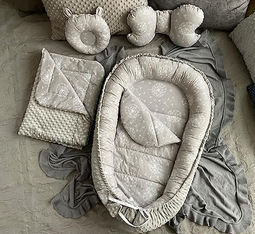 PUSTELBLUME Grau/MINKY Grau Polar Fleece Baumwolle Babynest Neugeborene Baby Unterlage Reisebett Nestchen SOLO/o.in Ausstattung SETS (Nestchen + DECKE (80x100cm) + MATRATZE + 2 x Kissen)