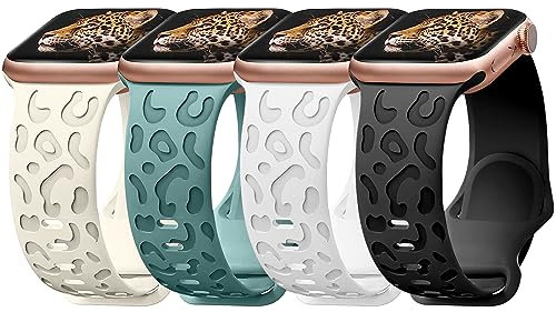 Chinbersky 4 Piezas Correa Compatible con Correa Apple Watch 42mm 44mm 45mm 49mm Mujer Hombres, Silicona Deportiva Suave Grabado Leopardo Correa de Repuesto Para iWatch Series Ultra/8/7/6/5/4/3/2/1/SE