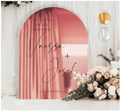 Manschin-Laserdesign Willkommensschild Acrylglas Spiegel personalisiert in veschiedenen Farben - Made in Germany - Welcome Willkommen Schild für Hochzeit (60x40cm, Rosegold)