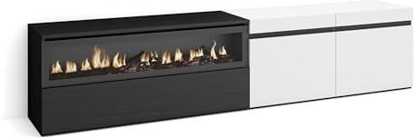 Skraut Home | Mueble TV | Televisión | Muebles de salón, almacenaje | 200x45x35cm | para TV hasta 80 | Chimenea eléctrica | Estilo Moderno | Blanco y Negro