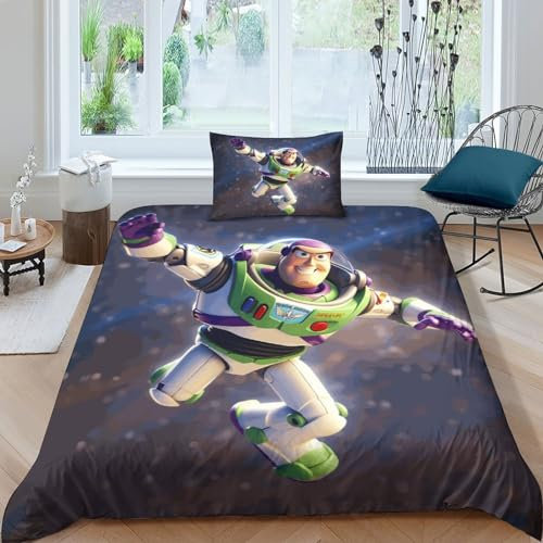 HITBOD Buzz Lightyear Bettwäsche Set 3D Drucken Sanft Mikrofaser Toy Story Bettbezug Set Mit Reißverschluss Und Kissenbezug 3teilig Geeignet Single(135x200cm)