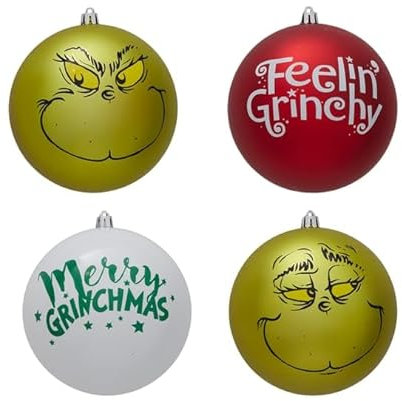 Divas World: Grinch Christbaumschmuck - 4 Stück Riesenkugeln aus Premium Kunststoff, Hängend, Oversized, Green, Cartoon, Weihnachten