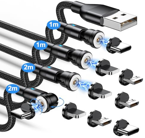TUNKIA Ladekabel Magnetisch 1PIN, Magnet Ladekabel 4Stück [1m/1m/2m/2m], 360° und 180° Drehbar Magnetisches USB Kabel für Typ C/Micro USB/i-Produkte/Smartphone(Schwarz)