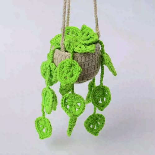 FOWSEEK Häkeln Topfpflanzen Auto Spiegel Hängende Zubehör, Niedliche Autodekorationen für Frauen Männer, Handgemachte Gestrickte Rückspiegel Zubehör Home Crochet Plant Decor Geschenke