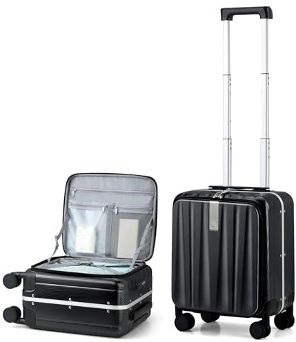 Hanke Hartschalenkoffer mit Frontöffnung, 66 cm, großer Koffer, 4 Rollen, Kabinenkoffer, Handgepäck, mittlere Größe, kariert, leicht, Reisekoffer, Aluminium mit TSA-Schlössern, Schwarz , 116, Koffer