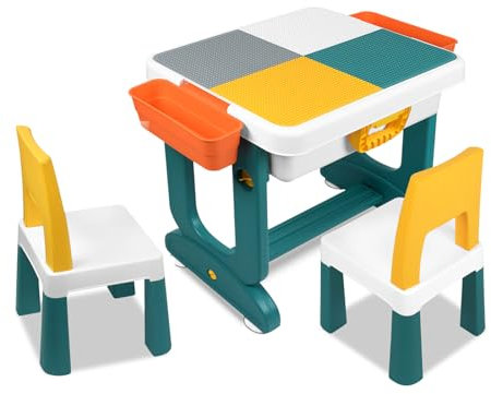 FIVMEN Kindertisch mit 2 Stühlen Plastik Kindersitzgruppe Kinder Tisch Stuhl Set mit 300 Stück Bausteinen und Stauraum Sitzgruppe Maltisch Aktivitätstisch für Jungen und Mädchen, Typ B