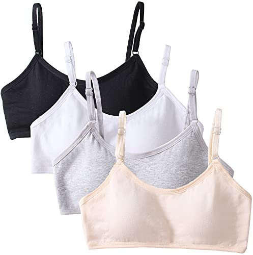 4 Pack Girls Sports Bra Training Bras Underwear with Fixed Bust Pad and Adjustable Strap Teenage Girls Crop Top for Kids 10-12 Years