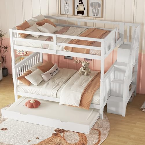 Letto a Castello Contenitore, Letto matrimoniale 140x200 cm, Letto per Bambini con Rete a Doghe, Telaio in Legno Massiccio, con scale di contenimento e estraibile, Bianco Senza Materasso(140x200cm)
