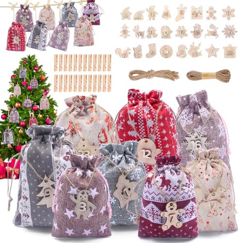 HOVIBU 24 Calendrier de L'Avent a Remplir Soit Meme, DIY Calendrier de L'Avent Tissu avec Pinces en Bois, Corde de Chanvre, Chiffres en Bois, Pochette Calendrier de Jour de Noël Kit