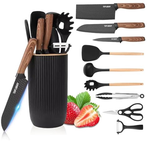 Cooking Utensils Set, 10-Pieces Kitchen Utensils and Knife Set with Block, Silicone Cooking Utensils Set, Sharp Stainless Steel Chef Knife Set, Home Kitchenware Cookware with Holder (Black)