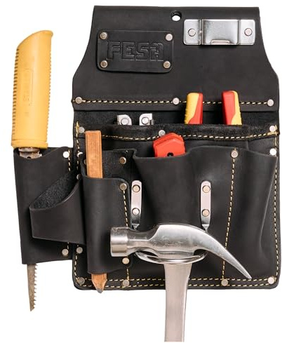 'FESA Leather Drywaller's Tool Pouch - 10-in-1 Heavy Top Grain Leather Drywall Pouch with Steel Hammer Loop & Tape Measure Clip - Leather Tool Pouch Fits Belts up to 3'' - Handcrafted'