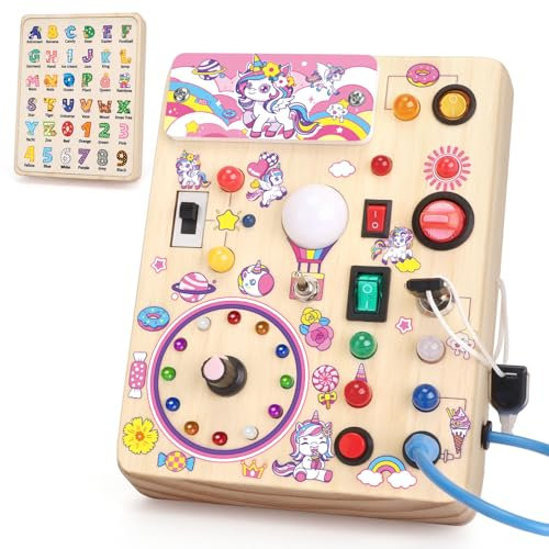 Unicorn Busy Board Montessori Spielzeug ab 1 jahr Activity Board Holzspielzeug Mit 10 Schaltern und 23 LED Lichtern Sensorik Spielzeug Motorikspielzeug für Babys und Kinder ab 1 2 3 4 Jahre Mädchen