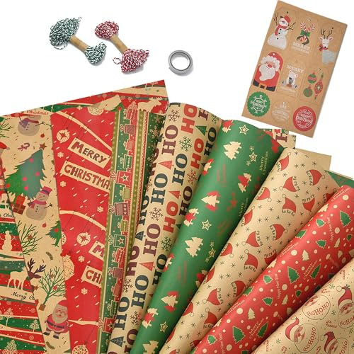 Dantolo Lot de 9 rouleaux de papier d'emballage cadeau de Noël, 70 x 50 cm, avec autocollants et étiquettes cadeaux