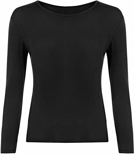 FASHION MY LOVE Women Ladies Long Sleeve Round Neck Plain Top Stretchy Casual Summer T-Shirts Basic Slim fit Tee Tops UK Plus Size 8-26 Black