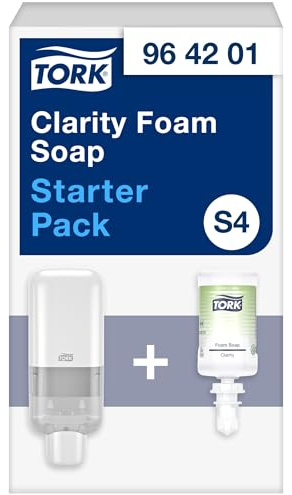 Tork Spender für Seifen und Händedesinfektionsmittel Starter Pack Weiß S4, enthält Spender und 1 Nachfüllung Reine Hand Schaumseife, 964201, 6 Stück