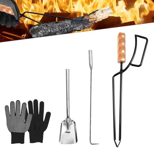WIYETY Juego de utensilios para chimenea con pinzas para chimenea, gancho para fuego, pala de carbón y guantes, pinzas pesadas para chimenea con mango de madera, gancho para fuego y pala de carbón de