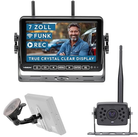 VSG24 7“ Element Wired HD Funk Rückfahrsystem für Wohnmobil & LKW, KFZ Set Rückfahrkamera kabellos + Monitor DIY Nachrüsten 12V-24V Kamera digital Auto Rückspiegel Pferdeanhänger Dashcam