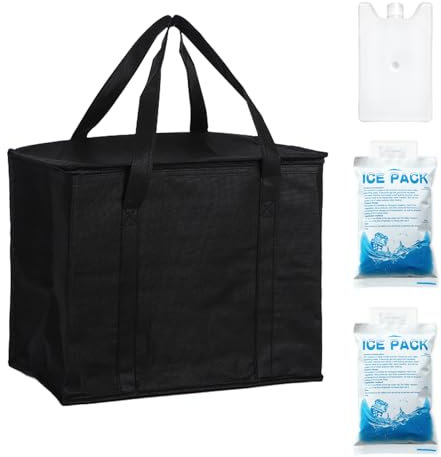 35L Large Cool Bag, Foldable Cooler Bag Box, Thermal Food Delivery Bag, Insulated Picnic Lunch Bag, Reusable Insulation Shopping Bags, with 2 Ice Packs and a Freezer Block, for Picnic Camping BBQ