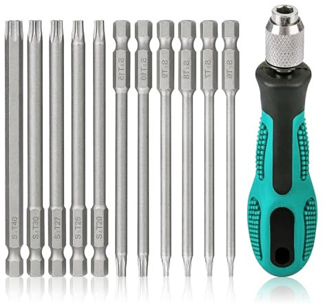 QIANCSJ Set di 12 cacciaviti Torx, 1/4, 100 mm, set di punte lunghe con manico, T6-T40 S2 in acciaio magnetico