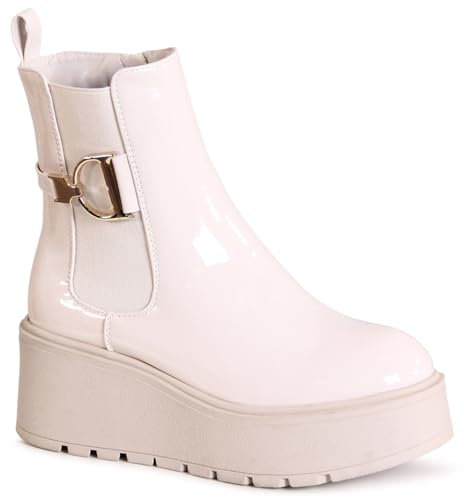 topschuhe24 3128 Damen XXL Plateau Stiefeletten Chelsea Boots, Farbe:Beige Lack, Größe:37 EU