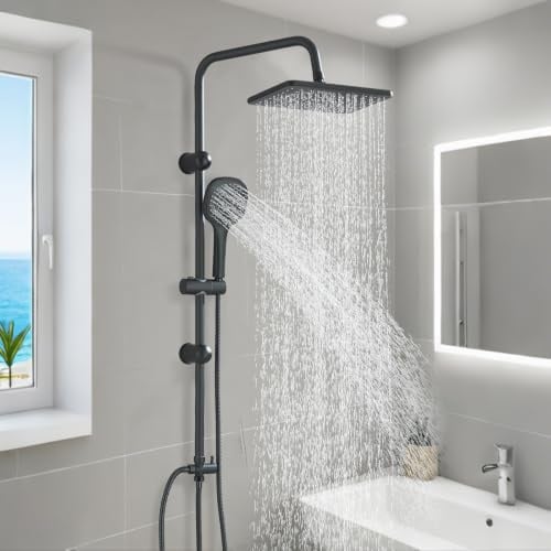 HUAHOMDY Duschsystem ohne Armatur Schwarz Regendusche Duschsystem Duschset ohne Armatur mit 29 * 19 cm Regendusche Duschkopf und 3 Strahlarten Handbrause 99cm Höhe nicht einstellbar